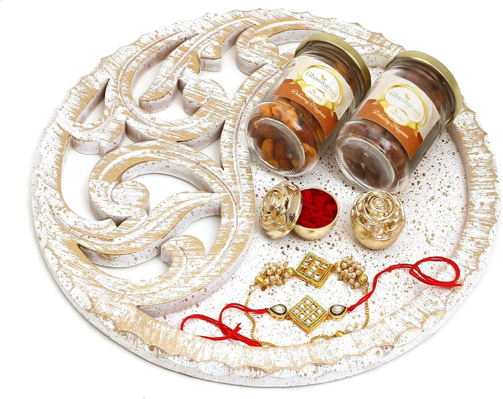 Ghasitaram Gifts Rakhi Gifts for Brothers White Wooden Thali with Chocolate Almonds, Mix Dryfruits and Bhaiya Bhabhi Rakhis