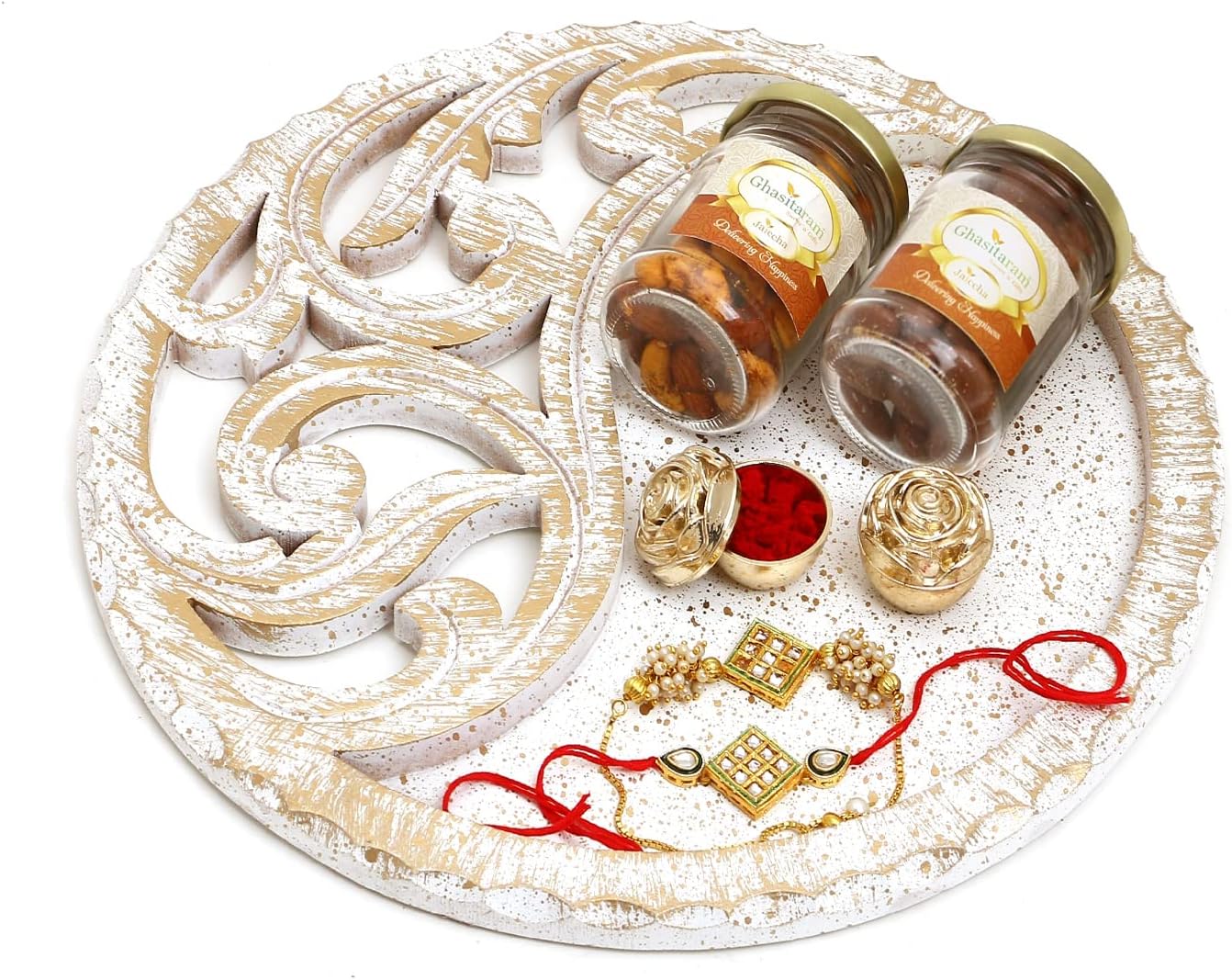 Ghasitaram Gifts Rakhi Gifts for Brothers White Wooden Thali with Chocolate Almonds, Mix Dryfruits and Bhaiya Bhabhi Rakhis