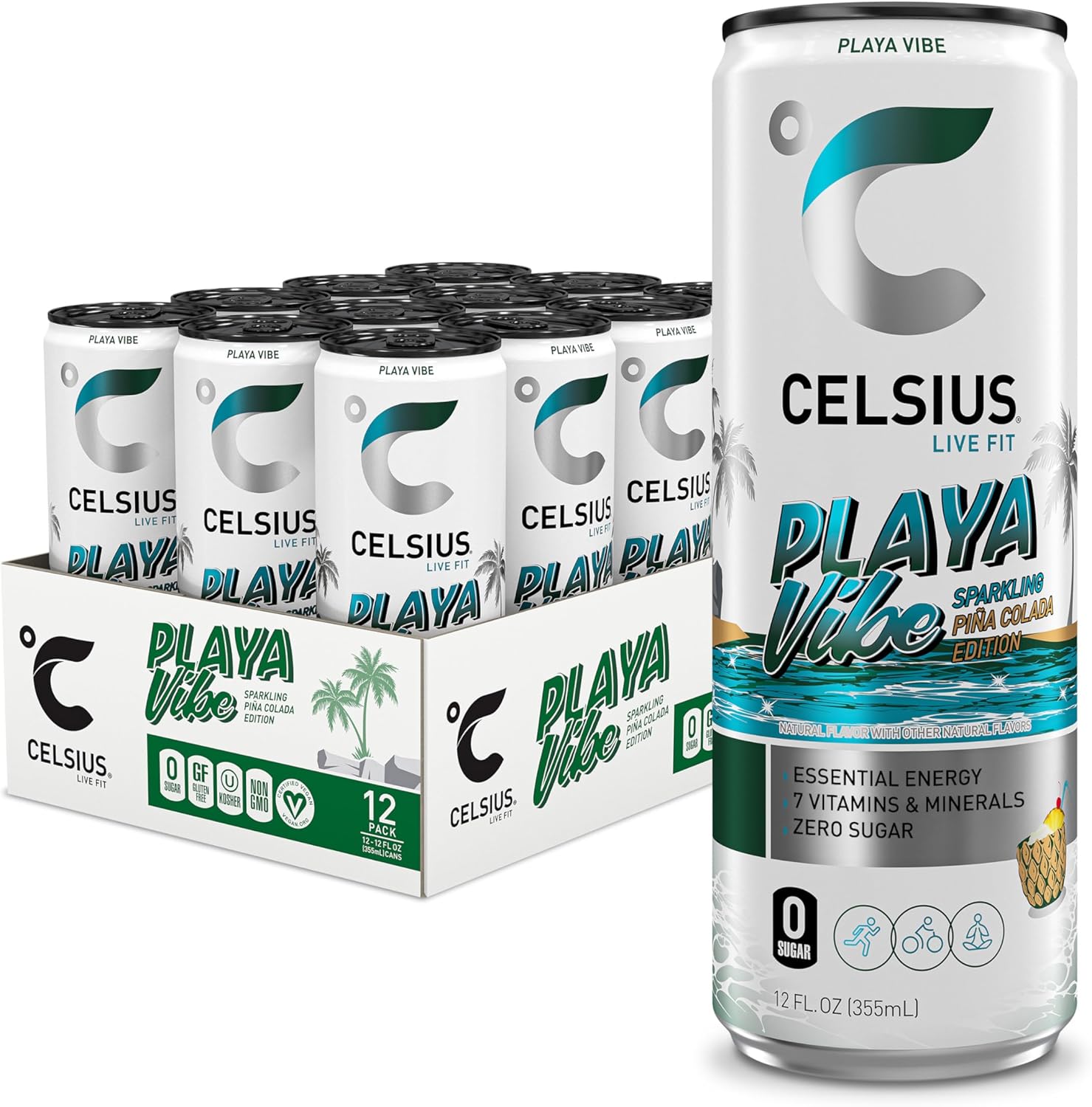 CELSIUS PLAYA VIBE Sparkling Pina Colada, Sugar Free Energy Drink, 12 Fl Oz (Pack of 12)