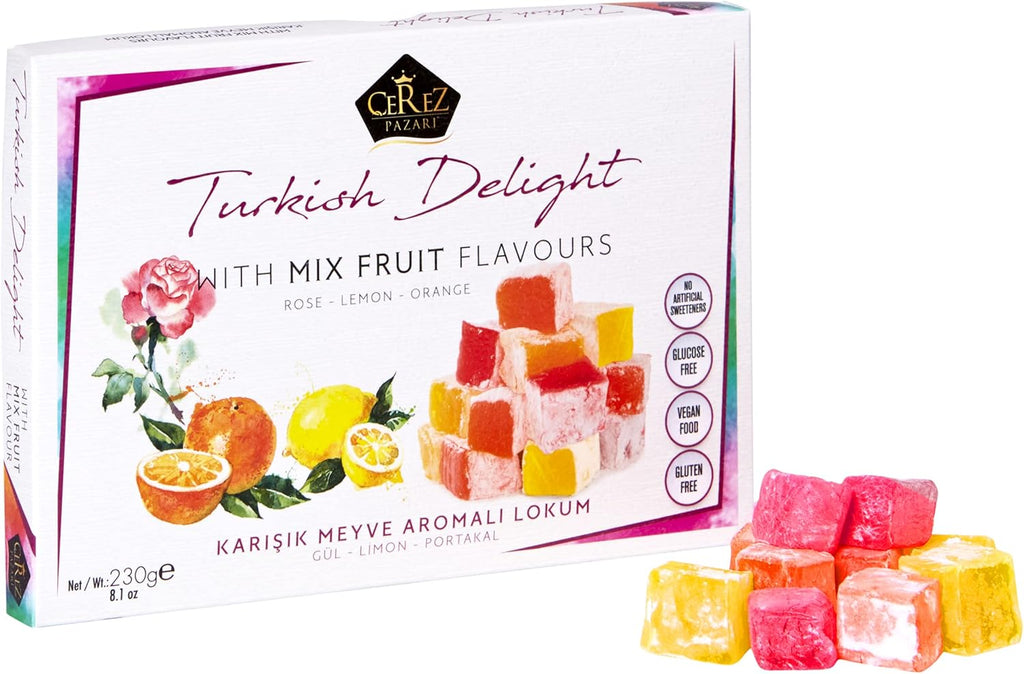 Cerez Pazari Turkish Delight with Rose, Orange and Lemon Mix Flavours 8.1 Oz Gourmet Small Size Snacks Gift Box, No Nuts Sweet Traditional Confectionery Vegan Candy Dessert Lokum Loukoumi Approx.32Pcs