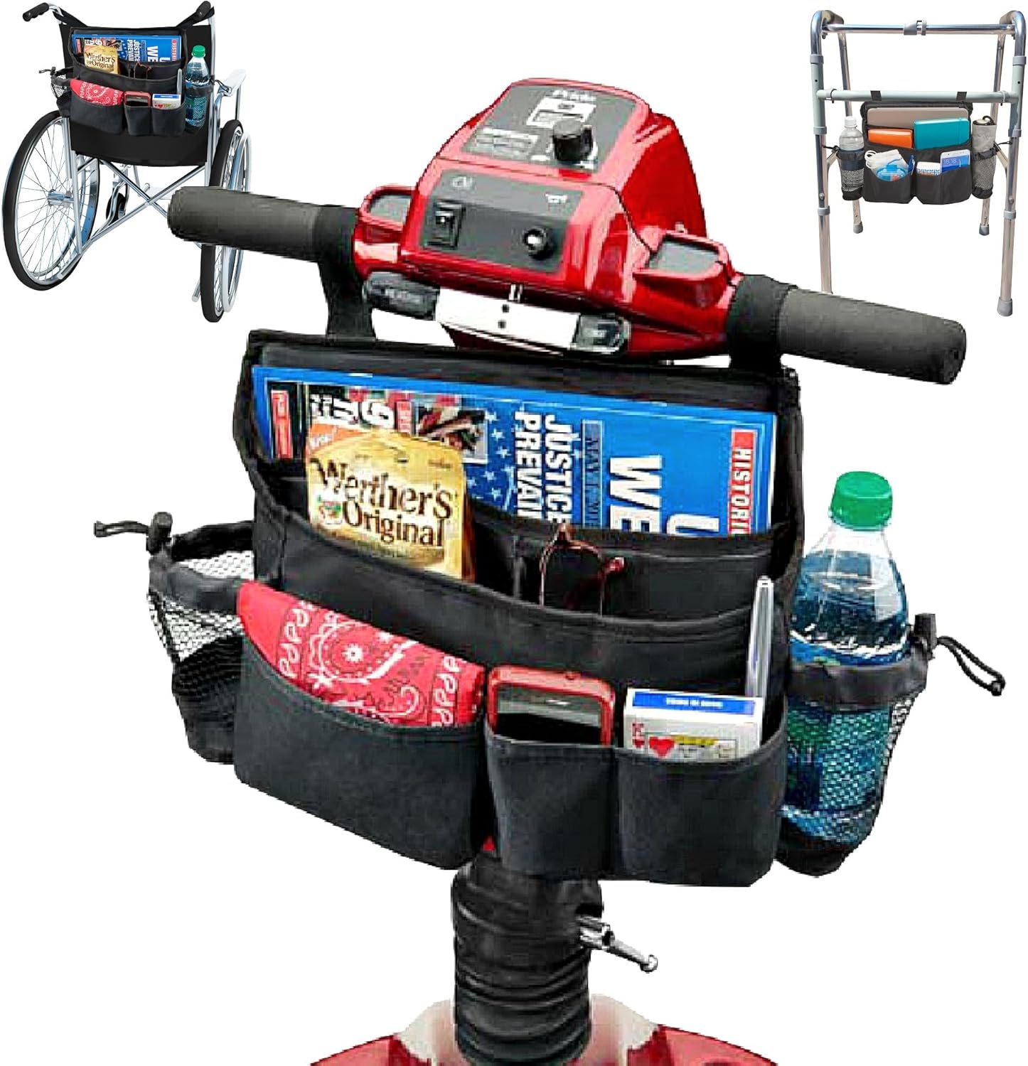 High Road Mobility Scooter Bag, Walker Caddy and Wheelchair Storage Bag - 8-Pocket Mobility Organizer with Bottle and Cup Holder for Wheelchairs, Walkers and Scooters