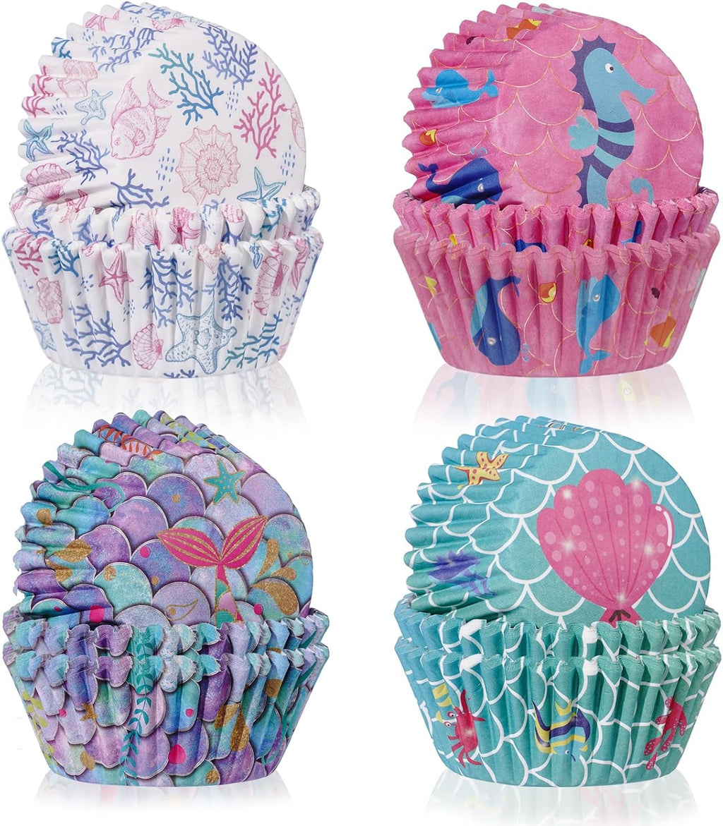 200PCS Ocean Animal Cupcake Liners Mermaid Scales Seahorse Shell Starfish Baking Cups Muffin Wrappers for Mermaid/Under the Sea/Summer Beach Wedding Baby Shower Birthday Party Cake Decor