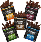 Wicked Cutz Beef Jerky Variety Pack | 5 Flavors Up to 36g Protein Per Bag | Tender, Easy to Chew, USA Made, High Protein Carnivore Snacks | Unique Gifts for Men (5 Bags)