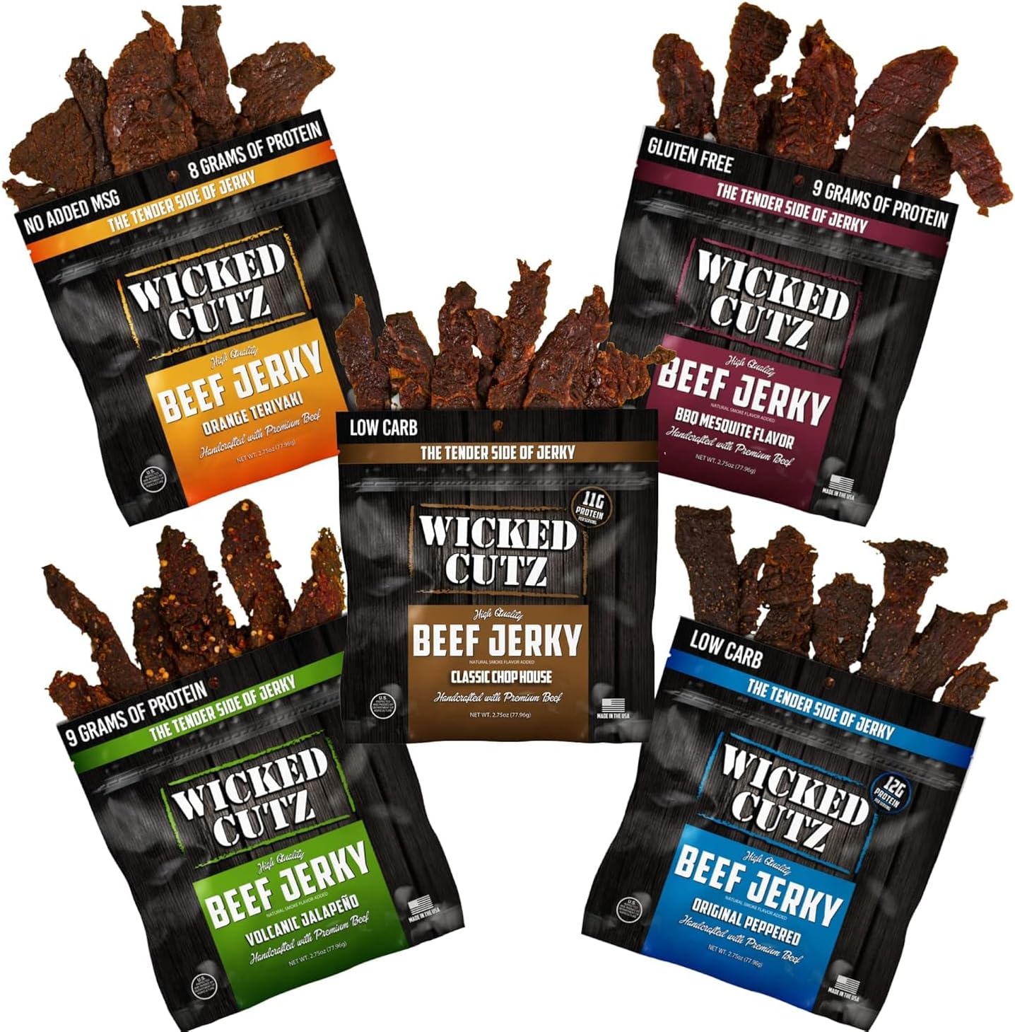 Wicked Cutz Beef Jerky Variety Pack | 5 Flavors Up to 36g Protein Per Bag | Tender, Easy to Chew, USA Made, High Protein Carnivore Snacks | Unique Gifts for Men (5 Bags)