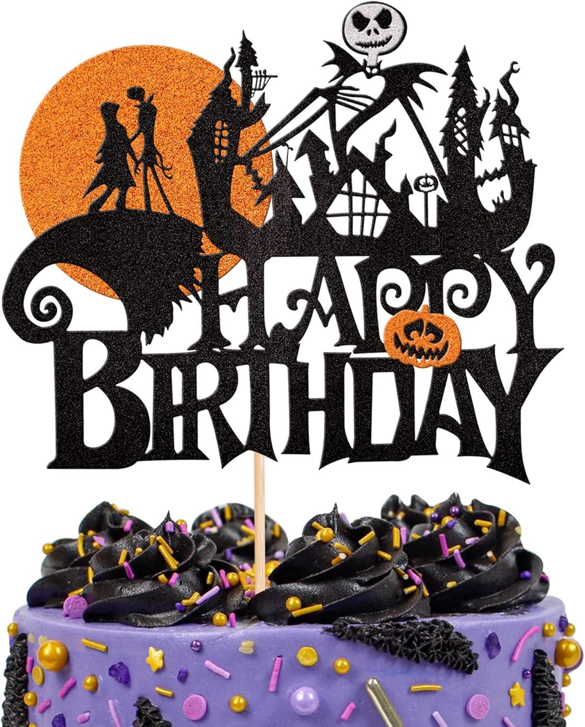 1 PCS Jack and Sally Pumpkin Bat Castle Ghost Cake Topper - Glitter Halloween Cake Pick for Kids Birthday Party & Baby Shower