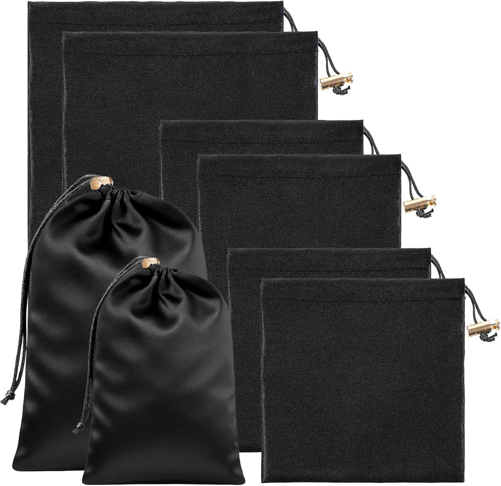 Toy Storage Bags, 6 Pcs Quality Satin Silk Drawstring Pouch Adjustable Microfiber Toy Organizer Bags Gift Bag Foldable Ditty Bag for Women Men Toys Underwear Sunglasses Cosmetic, 3 Sizes (Black)