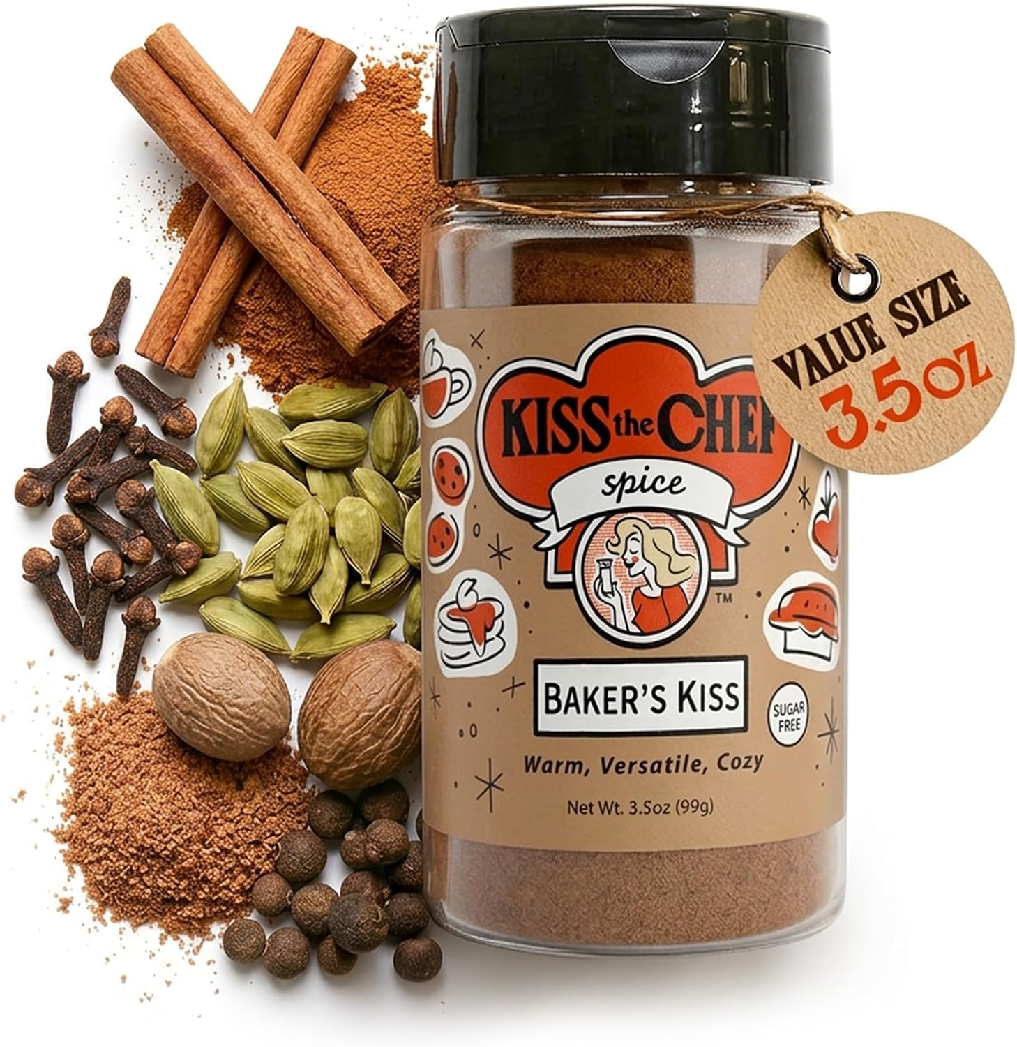 Kiss the Chef Baker's Kiss Cinnamon Cardamom Spice Blend 3.5 oz – Warm Spice for Baking, Coffee, Cocktails & Ice Cream – All-Season – Sugar Free, Gluten Free, No Seed Oils