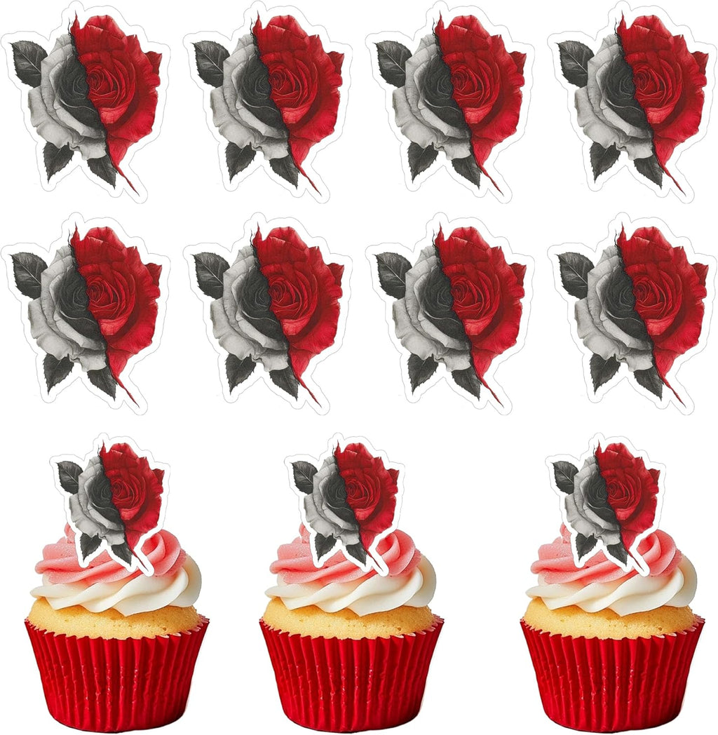 50 PCS Edible Halloween Rose Cupcake Toppers Wafer Paper Black Red Rose Cake Toppers Edible Roses Cake Decorations for Flower Theme Baby Shower Birthday Wedding Party Cake Decorations Supplies