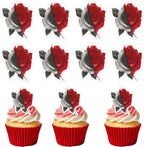 50 PCS Edible Halloween Rose Cupcake Toppers Wafer Paper Black Red Rose Cake Toppers Edible Roses Cake Decorations for Flower Theme Baby Shower Birthday Wedding Party Cake Decorations Supplies