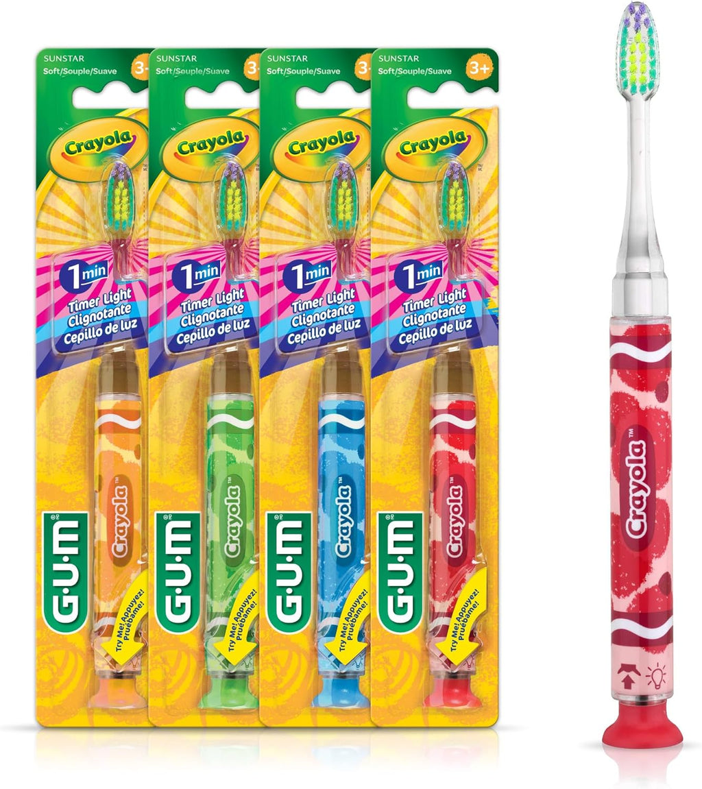 GUM Crayola Timer Light Toothbrush for Kids, Soft Bristles, Suction Cup Base, Children & Toddler Toothbrush 3 Year Old+, 1 Count (Pack of 4)