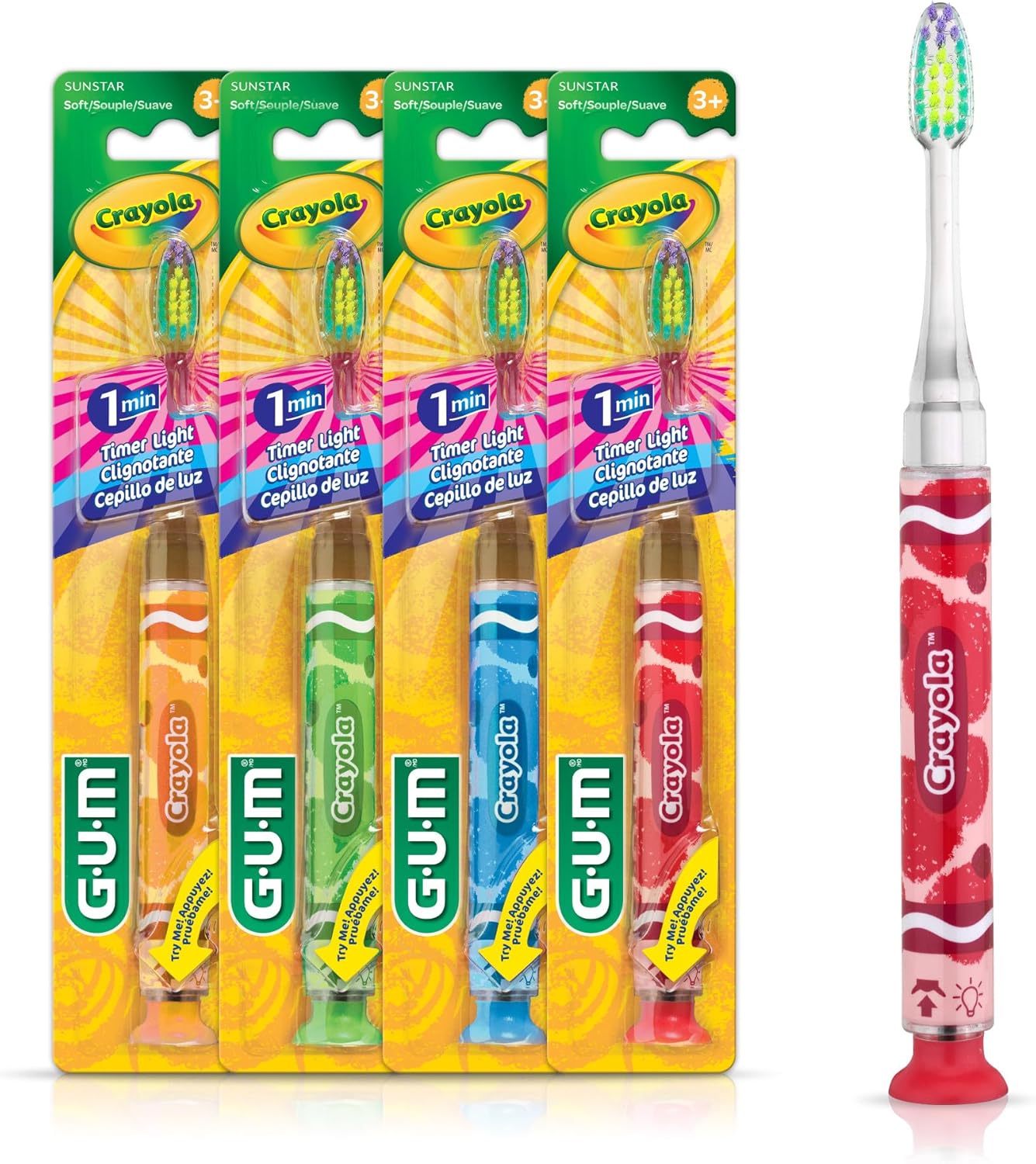 GUM Crayola Timer Light Toothbrush for Kids, Soft Bristles, Suction Cup Base, Children & Toddler Toothbrush 3 Year Old+, 1 Count (Pack of 4)