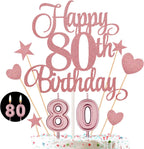 80th Birthday Cake Decorations Set Include 80th Birthday Candles Numeral 80 Cake Candles and Happy 80th Birthday Cake Toppers with Heart Star Cupcake Picks for Birthday Party (Rose Gold Series)