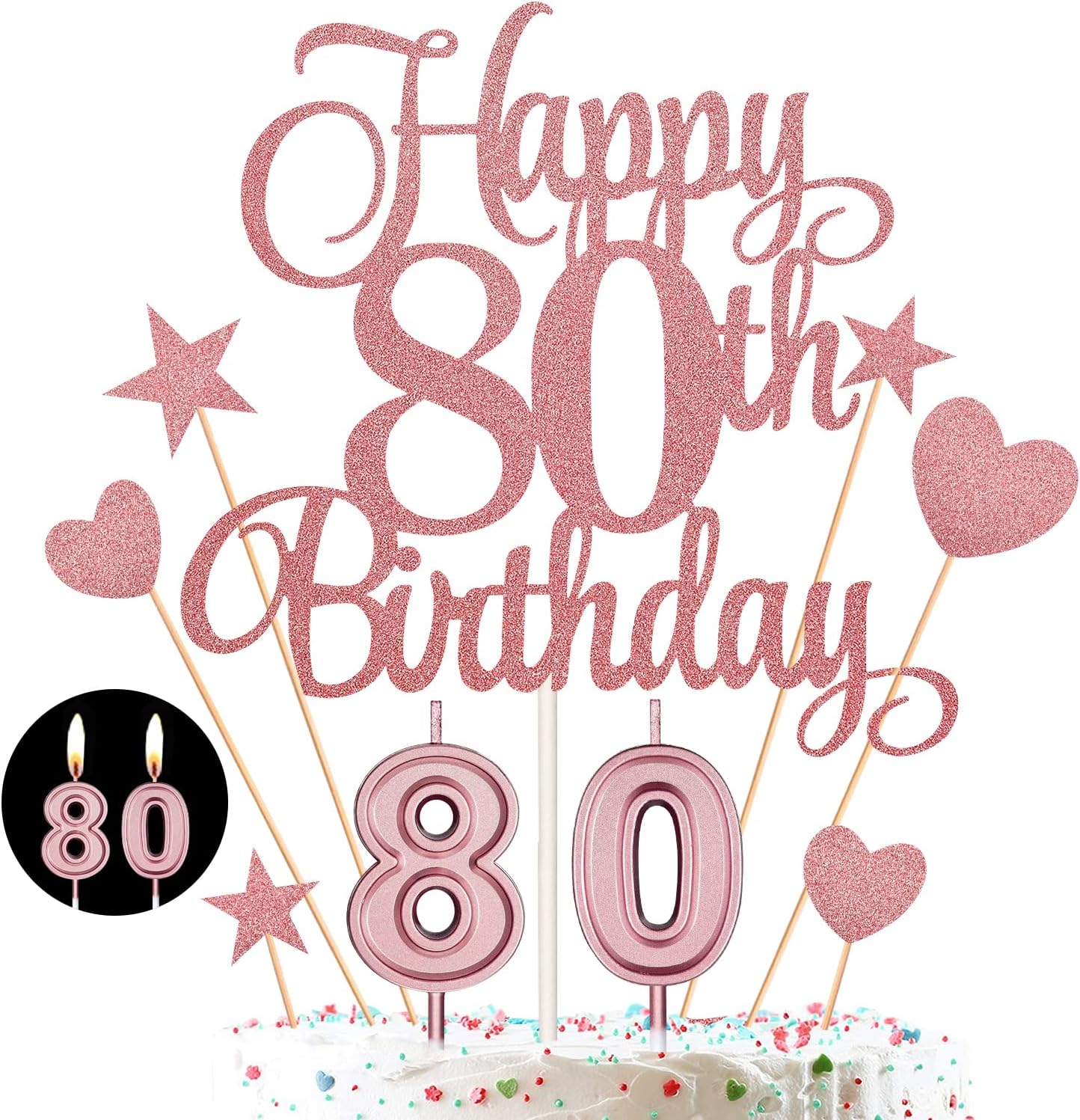 80th Birthday Cake Decorations Set Include 80th Birthday Candles Numeral 80 Cake Candles and Happy 80th Birthday Cake Toppers with Heart Star Cupcake Picks for Birthday Party (Rose Gold Series)