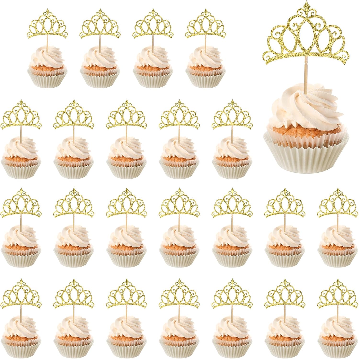 24Pcs Gold Crown Cupcake Toppers Glitter Queen Crown Cupcake Picks for Queen Princess Theme Baby Shower Girls Wedding Birthday Party Cake Decorations Supplies(Gold)