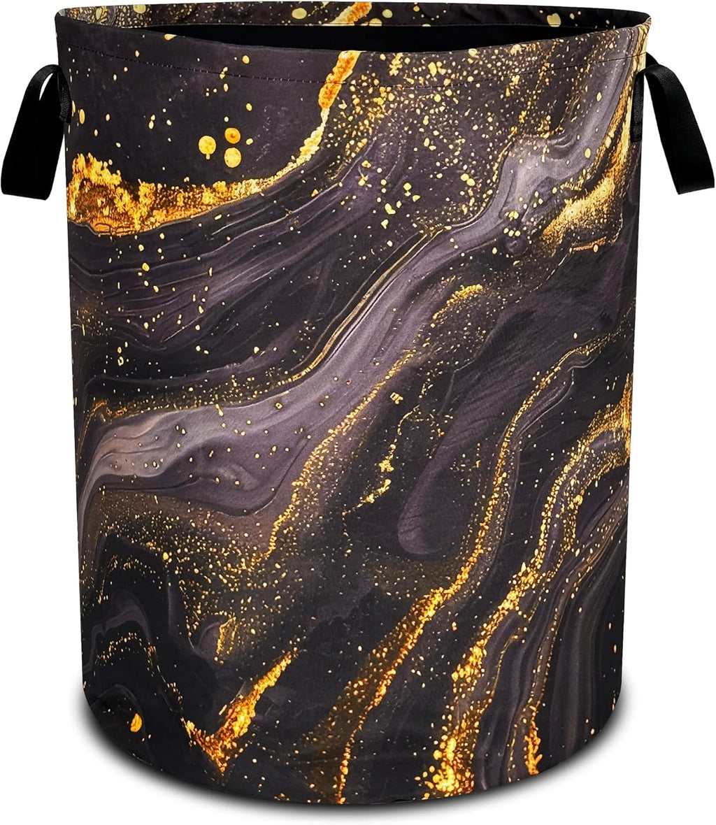 Black Gold Marble Laundry Basket Beautiful Pattern Foldable Oxford Cloth Funny Tote Bag Laundry Hamper Clothes Storage Bucket Toy Organizer For Bathroom/Laundry Storage/Bedroom 18.9x16.5 inch