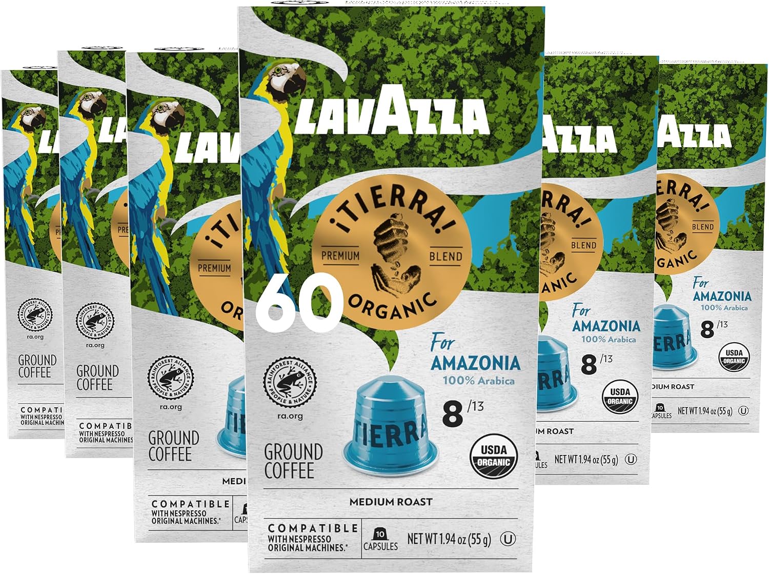 Lavazza TIERRA AMAZONIA USDA ORGANIC Espresso Aluminum Capsules Compatible with Nespresso Original Machines (Pack of 60) ,Value Pack, Medium Roast 100% Arabica, Round & Balanced, notes of chocolate & caramel, Intensity 8 of 13
