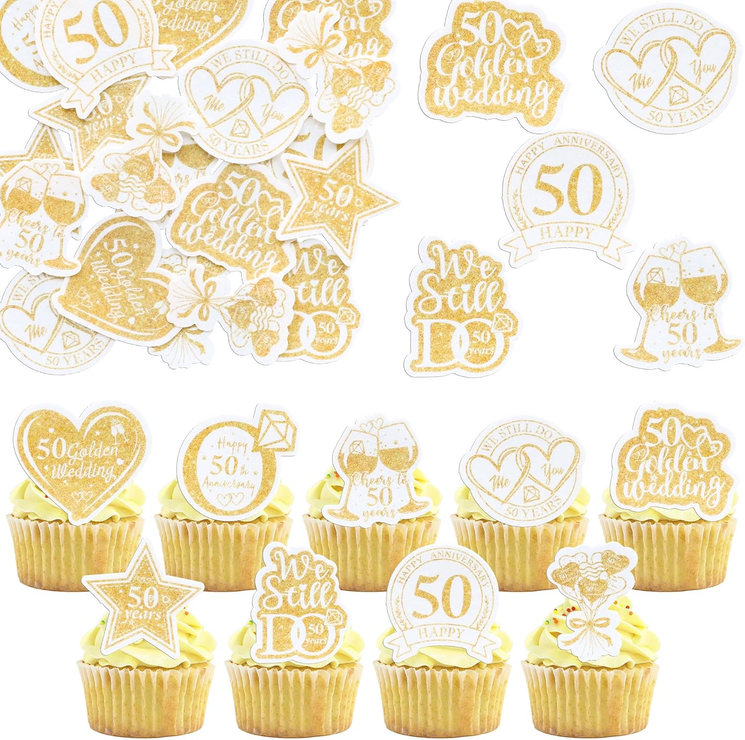 Gyufise 54Pcs Edible 50th Anniversary Cupcake Toppers Golden Happy Wedding Glutinous Rice Paper Cheers to 50 Years We Still Do Picks Party Cake Decorations Supplies