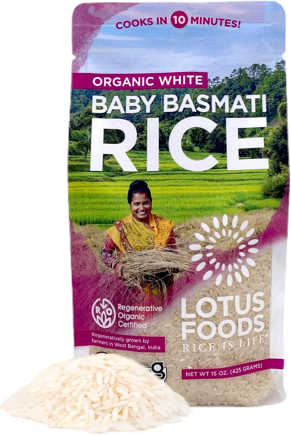 Lotus Foods Organic Baby Basmati Rice - Gluten Free Heirloom White Rice in Bag, Quick 10 min Cook, GF, USDA Organic - 15 Oz Bag