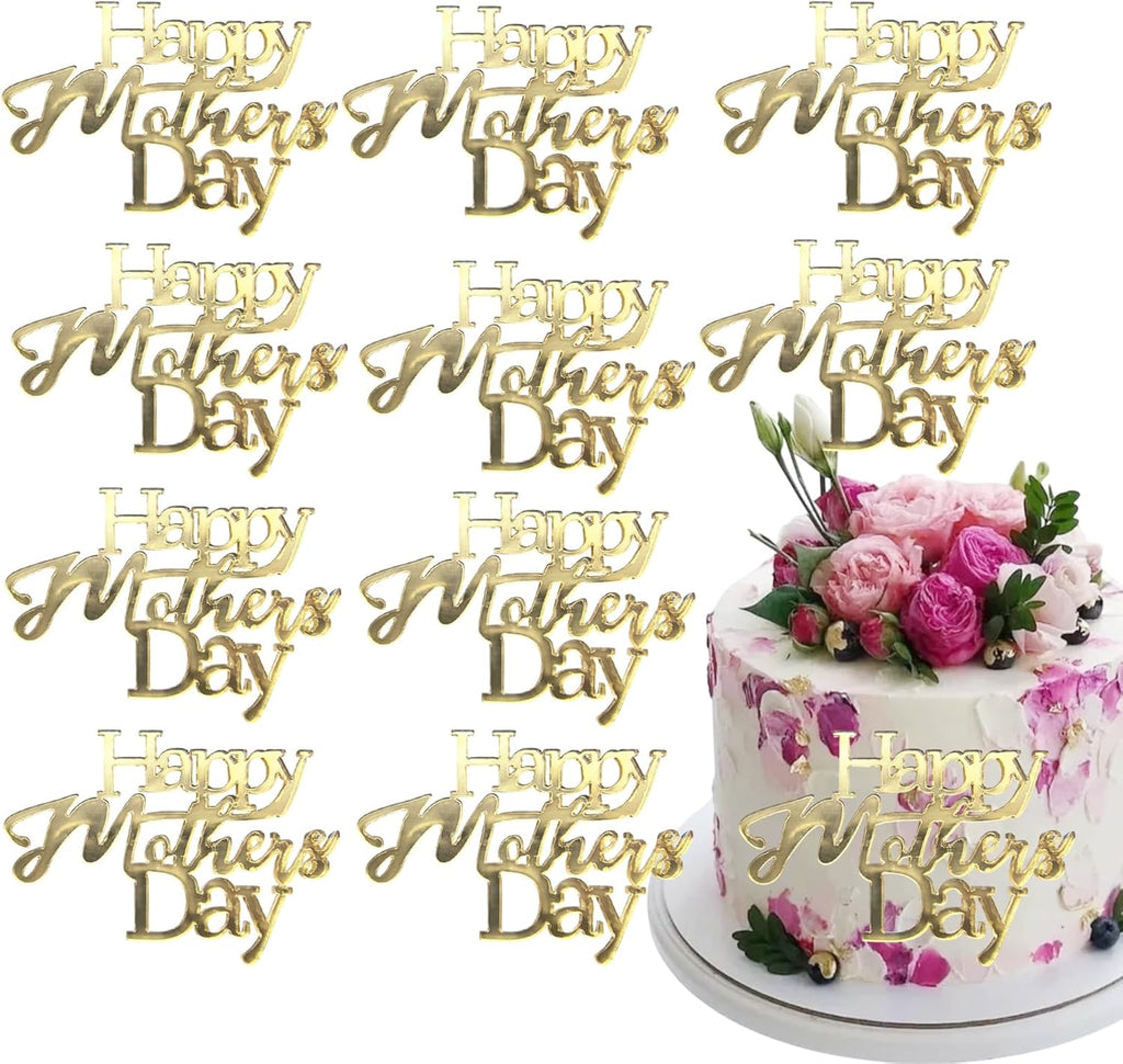 10Pcs Happy Mother's Day Cake Toppers Acrylic Mirror Cupcake Topper Engraved Cake Topper Decorations for Mother's Day Mom's Birthday Party Dessert DIY Decor Supplies