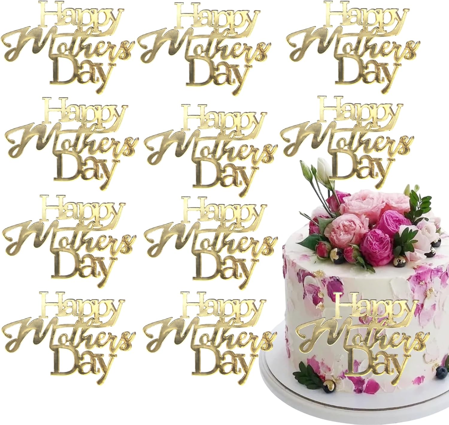 10Pcs Happy Mother's Day Cake Toppers Acrylic Mirror Cupcake Topper Engraved Cake Topper Decorations for Mother's Day Mom's Birthday Party Dessert DIY Decor Supplies