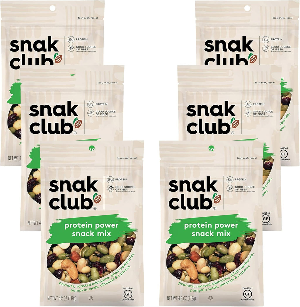 Snak Club Protein Power Snack Mix with Peanuts, Roasted Edamame, Dried Cranberries, Pumpkin Seeds, Almonds, and Cashews, Gluten-Free and Kosher Trail Mix Snacks, 4.2 oz Resealable Bags, 6 Pack
