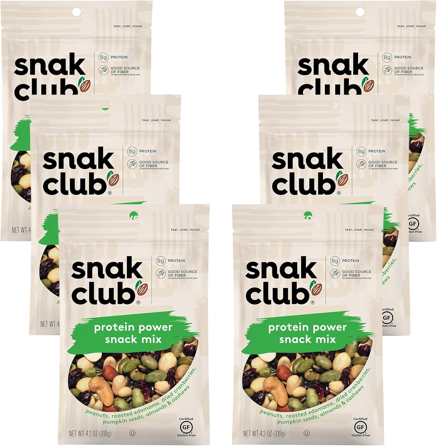 Snak Club Protein Power Snack Mix with Peanuts, Roasted Edamame, Dried Cranberries, Pumpkin Seeds, Almonds, and Cashews, Gluten-Free and Kosher Trail Mix Snacks, 4.2 oz Resealable Bags, 6 Pack