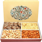 Ghasitaram Gifts Diwali Gifts Diwali Chocolates - Eco 4 Part Print Hamper Box with Almonds, Pistachios, Namkeen and English Brittles Chocolates 600 GMS