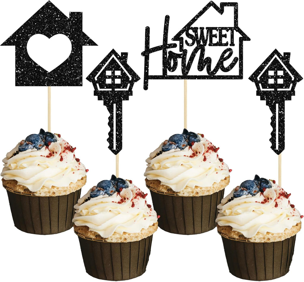 Gyufise 24 Pack Sweet Home Cupcake Toppers Glitter key Housewarming Cupcake Picks for Welcome New Home Theme Party Cake Decorations Supplies Black