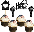 Gyufise 24 Pack Sweet Home Cupcake Toppers Glitter key Housewarming Cupcake Picks for Welcome New Home Theme Party Cake Decorations Supplies Black