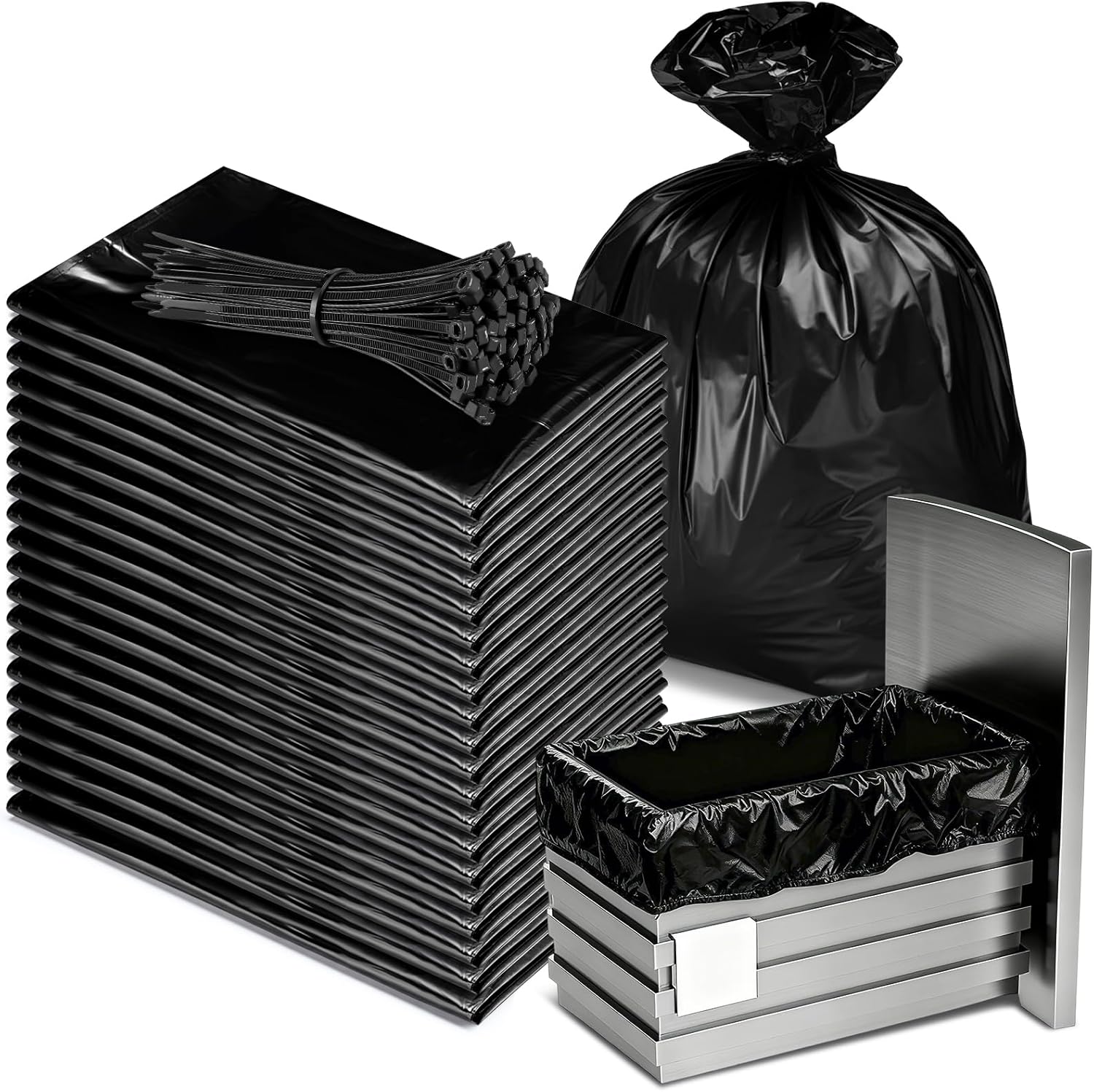 Feifeiya 24 Pcak Trash Compactor Bags for 15" Wide Models Black Heavy Duty Garbage Compactor Bag Leak-proof Kitchen Trash Bags with 100 Pcs Twist Ties 2.4 Mil Tear Resistant, Extra Strong Liner