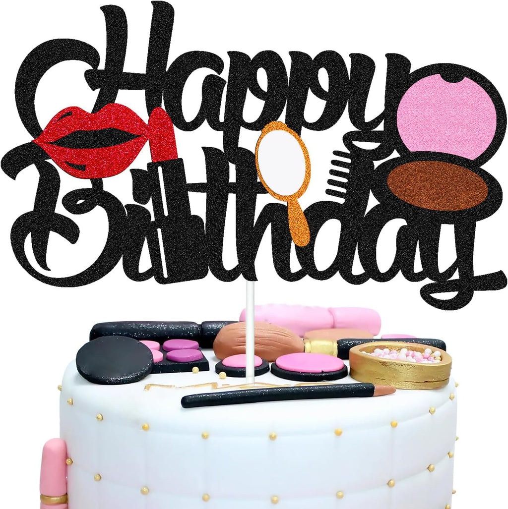 Makeup Cake Topper Happy Birthday Sign Cake Decorations for Girl Women Female Makeup Spa Themed Birthday Party Supplies Black Glitter Decor
