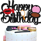 Makeup Cake Topper Happy Birthday Sign Cake Decorations for Girl Women Female Makeup Spa Themed Birthday Party Supplies Black Glitter Decor