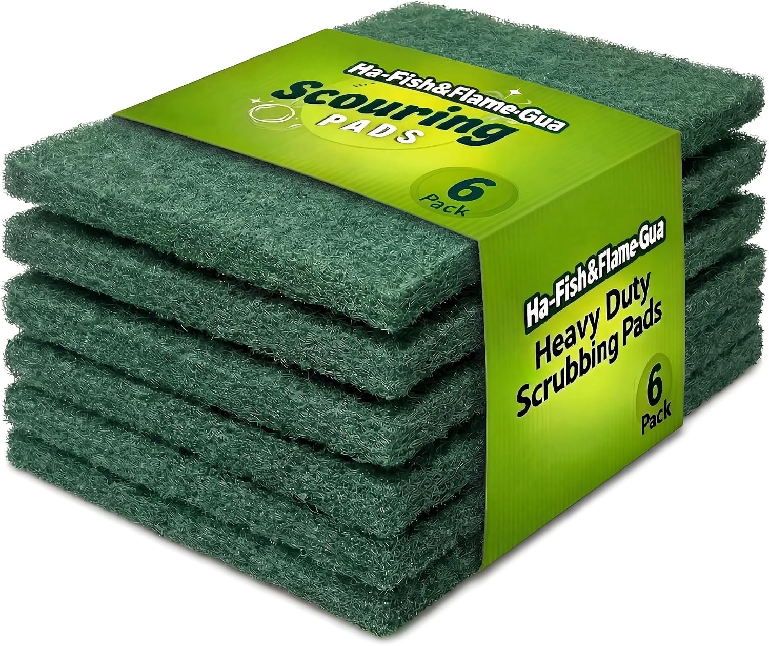 Scrubbing Pads, 6-Pack Green Kitchen Cleaning Scourer – Heavy Duty Scrubber for Pots, Stovetops, Range Hoods, Easy Rinse, Degreasing & Descaling by Ha-Fish&Flame-Gua