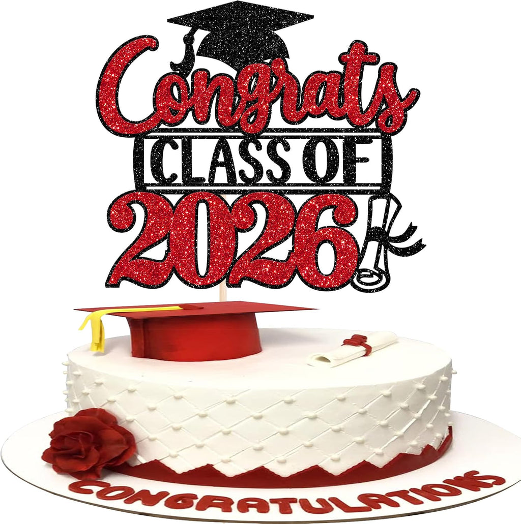 Rsstarxi 1 Pack Congrats Class of 2026 Cake Topper Glitter Congrats Class of 2026 Graduation Cap Diploma Cake Pick 2026 Graduation Theme Party Cake Decorations Supplies Black Red