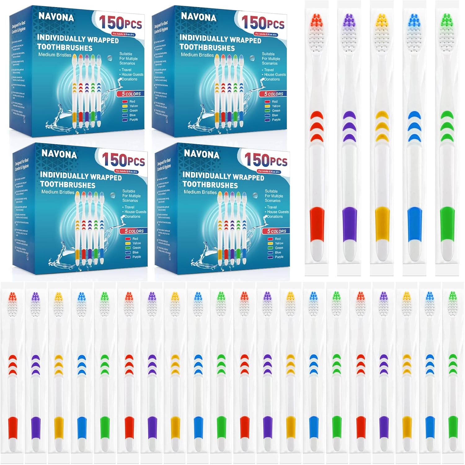 Navona 600 PCS Premium Toothbrushes Bulk, Individually Wrapped Toothbrushes, Disposable Toothbrush, Medium Soft Bristle Bulk Toothbrushe for Travel Hotel Donation, Ergonomics Handle