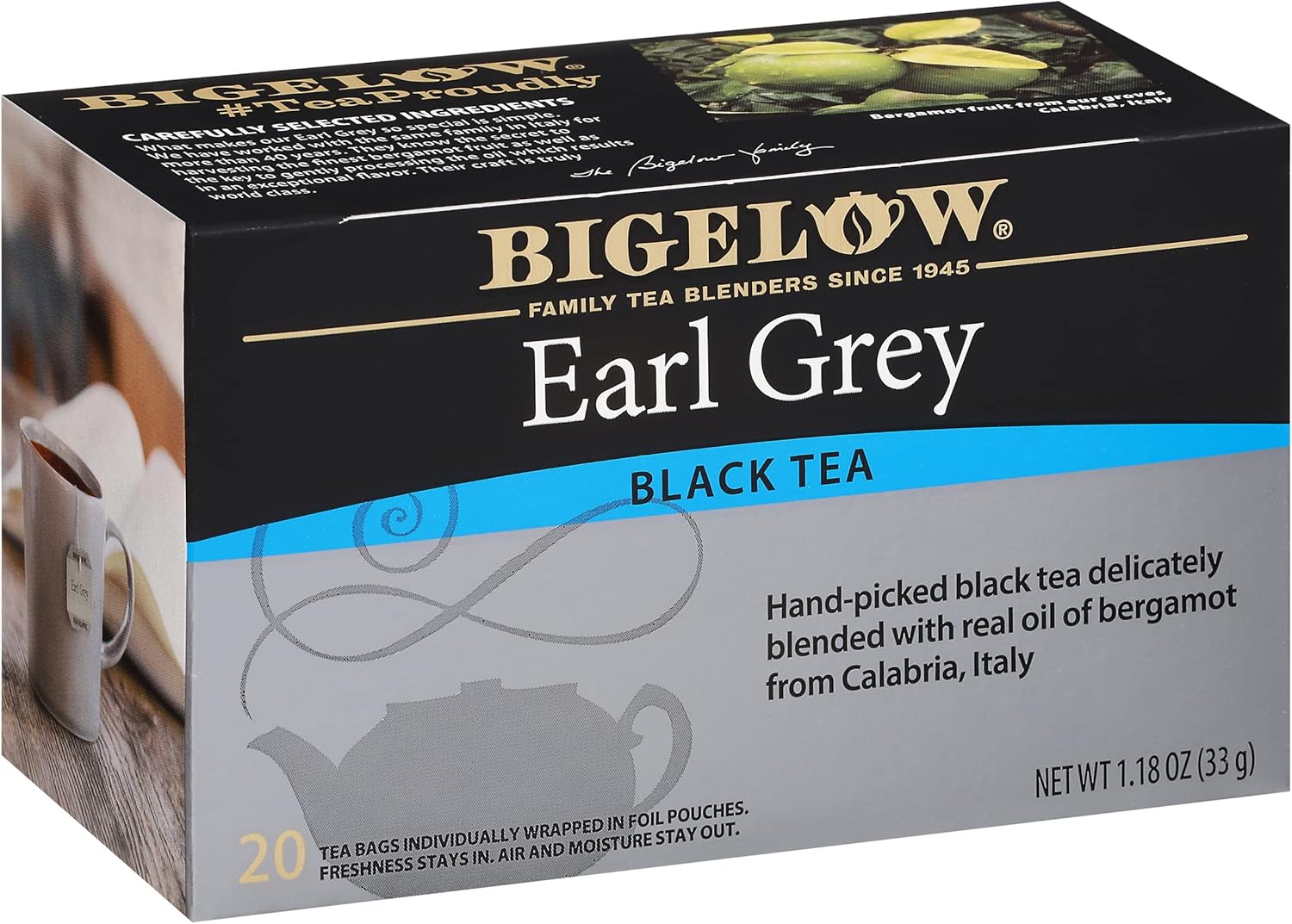 Bigelow Tea Earl Grey Flavored Black Tea, Kosher, 20 Bags, 1.18 Ounces (Pack of 6)