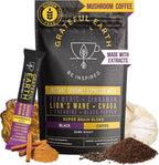 Grateful Earth Mushroom Coffee, Instant Espresso with Lion’s Mane Mushrooms, Chaga, L-Theanine, Super Brain Nootropic Blend, Focus, Energy, Immune Support & Gut Health, Dairy & Gluten Free, 20 Packets