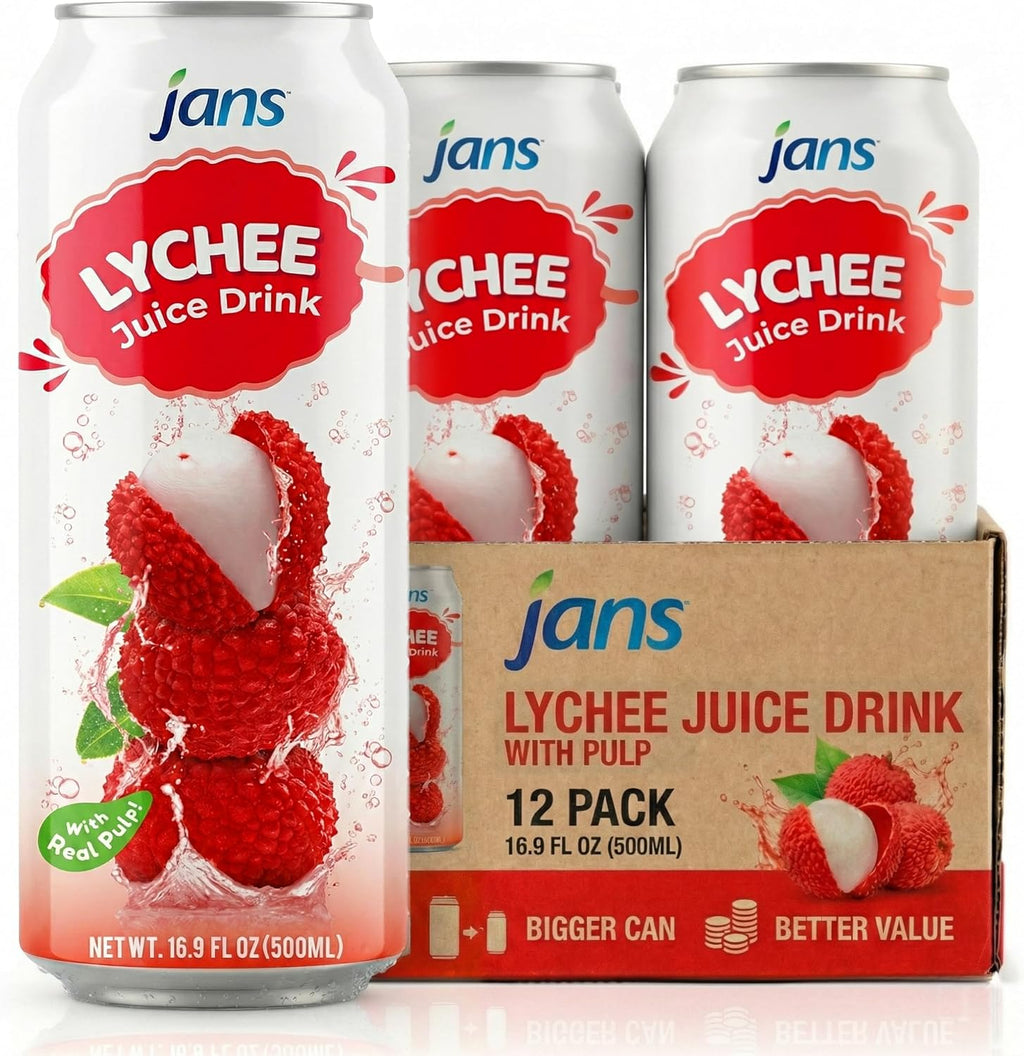 Lychee Juice Drink with Pulp, 16.9 oz (Bulk Pack of 12) by Jans — Fat-Free, Cholesterol-Free, Refreshing Taste of the Tropics