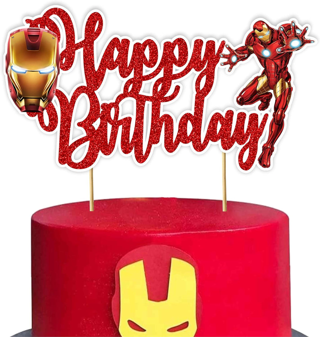 "Irn Man Happy Birthday Cake Topper – Superhero Theme Birthday Party Decoration for Adults – Durable Glitter Cake Topper for Boys Girls, Comic Hero Themed Birthday Party Supplies for Cake Décor"