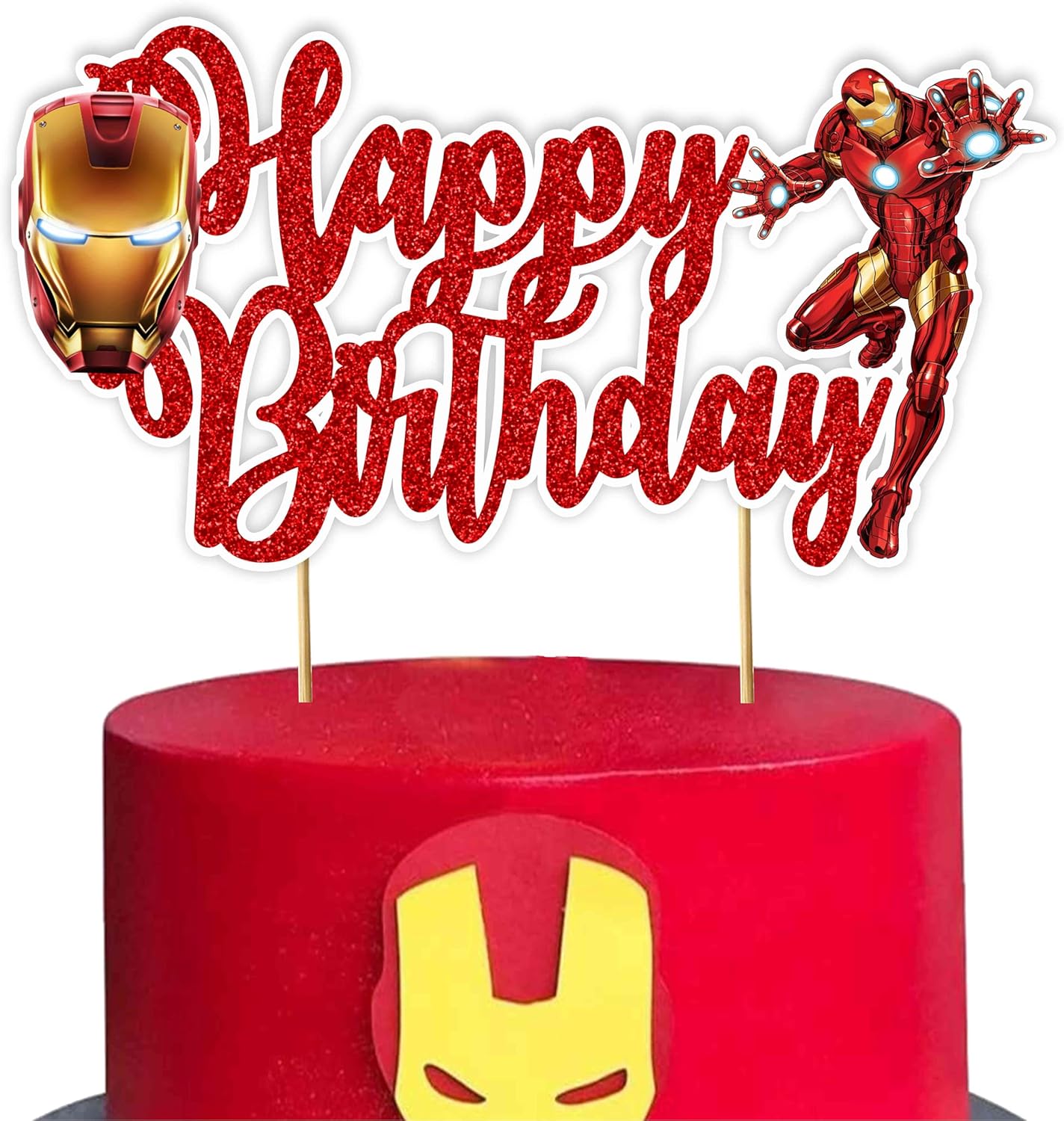 "Irn Man Happy Birthday Cake Topper – Superhero Theme Birthday Party Decoration for Adults – Durable Glitter Cake Topper for Boys Girls, Comic Hero Themed Birthday Party Supplies for Cake Décor"