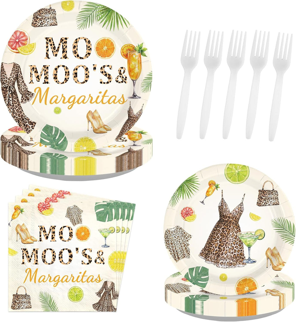 96Pcs Moo Moos and Margaritas Party Decorations Leopard Pajama Margaritas Plates and Napkins Citrus Cocktail Tableware Set for Women Mexican Bachelorette Bridal Shower Party Serves 24