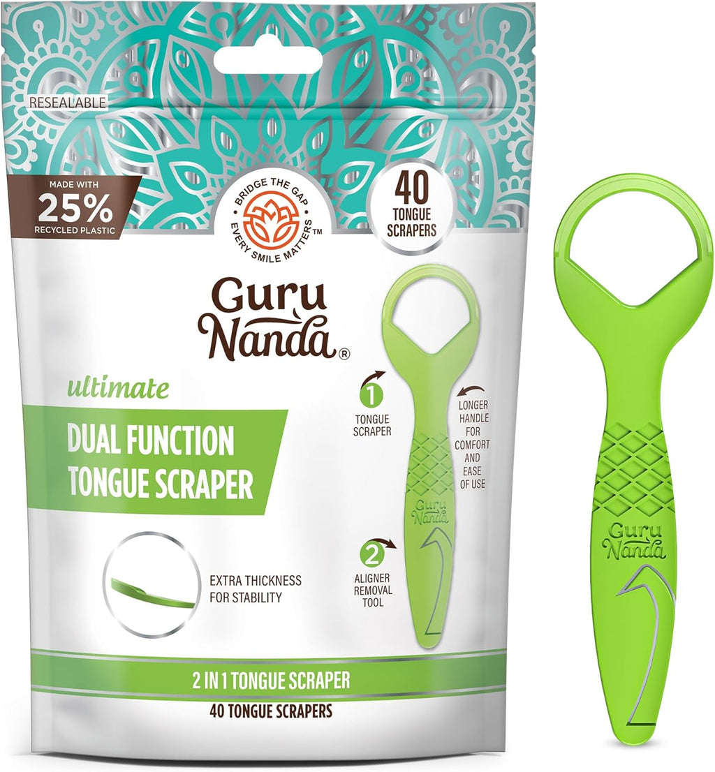 GuruNanda Disposable Tongue Scraper for Adults & Kids, Aligner Removal Tool (40 Ct) Dual-Function, BPA & PFAS-Free, Recyclable, Travel-Friendly, Promotes Fresh Breath, Easy to Use
