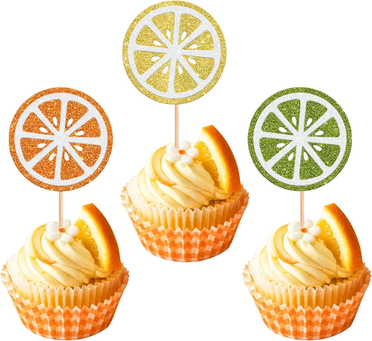 Rsstarxi 24 Pack Lemon Cupcake Toppers Lemon Party Decorations Glitter Summer Fruits Theme Lemonade Cupcake Picks for Baby Shower Boy Girl Birthday Party Cake Decorations Multi