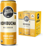 Liquid Remedy Kombucha Sugar Free Organic Drink, Low Calorie, Probiotic Like Tea for Gut Health - Ginger Lemon - 12 Fl Oz Can, 4-Pack