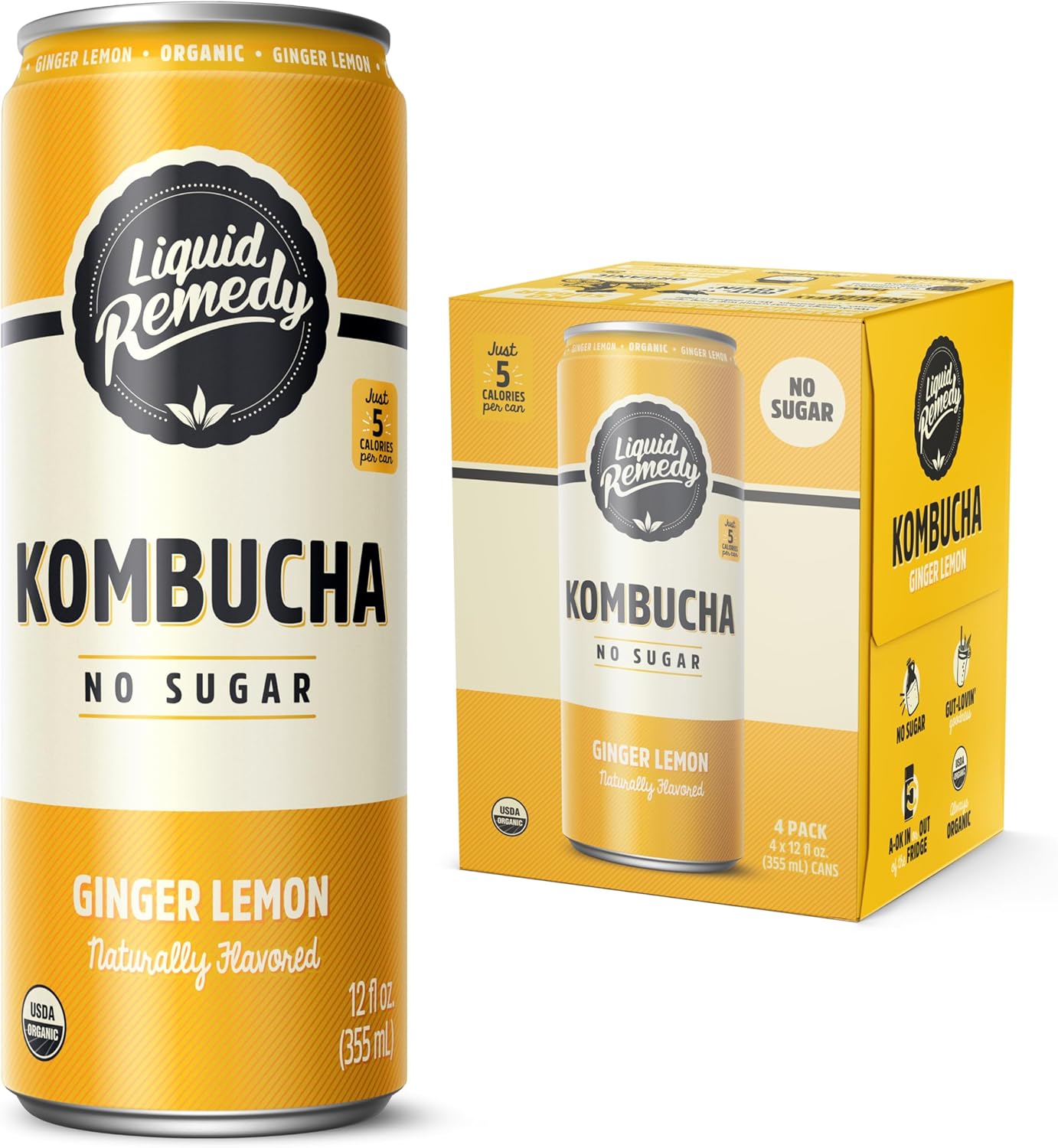Liquid Remedy Kombucha Sugar Free Organic Drink, Low Calorie, Probiotic Like Tea for Gut Health - Ginger Lemon - 12 Fl Oz Can, 4-Pack