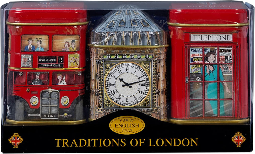 London Icons 3x Mini Tea Tins with Fine English Loose Tea (Big Ben, Red London Bus, Telephone Box)