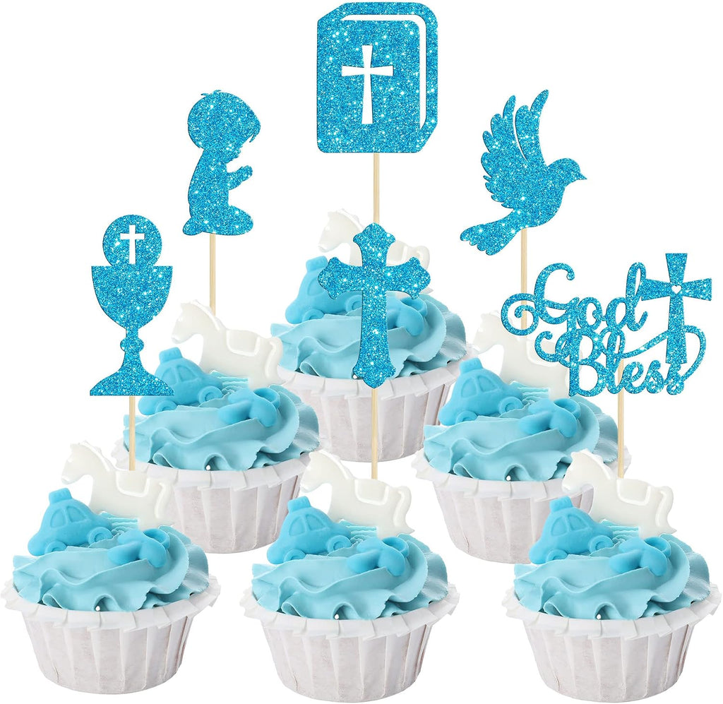 Gyufise 24Pcs Boy God Bless Cupcake Toppers Glitter Dove Chalice Bible Cross Cupcake Picks First Communion Christian Baptism Theme Baby Shower Boys Birthday Party Cake Decorations Supplies Blue