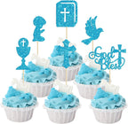 Gyufise 24Pcs Boy God Bless Cupcake Toppers Glitter Dove Chalice Bible Cross Cupcake Picks First Communion Christian Baptism Theme Baby Shower Boys Birthday Party Cake Decorations Supplies Blue