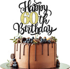 Happy 60th Birthday Cake Topper, Black Gold Glitter Birthday Cake Topper, 60th Anniversary/ 60th Birthday Party Decoration Supplies