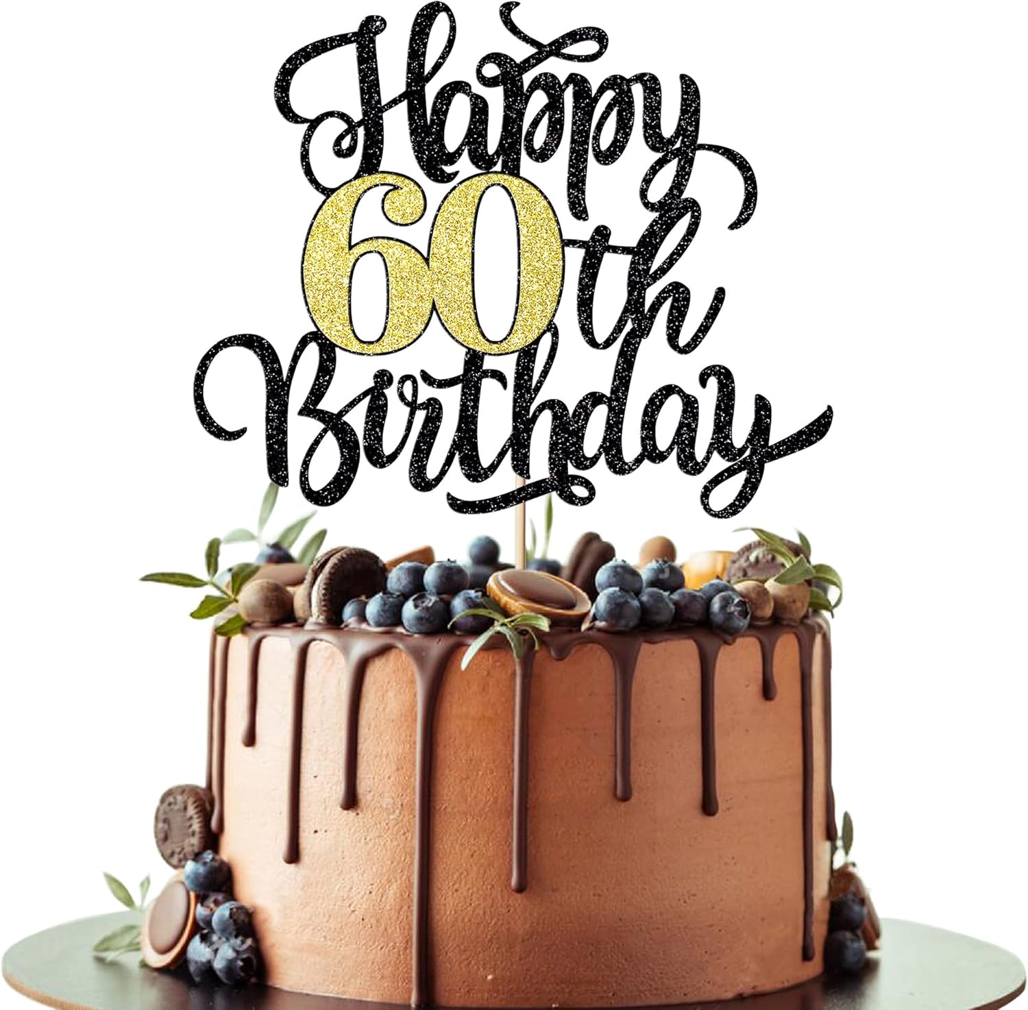 Happy 60th Birthday Cake Topper, Black Gold Glitter Birthday Cake Topper, 60th Anniversary/ 60th Birthday Party Decoration Supplies